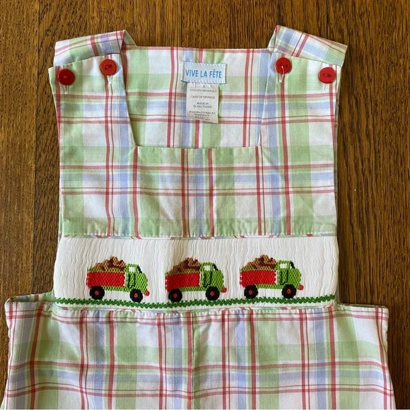 Vive La Fête 3T Plaid Overalls with Dump Truck Smocked Design - Picture 2 of 9